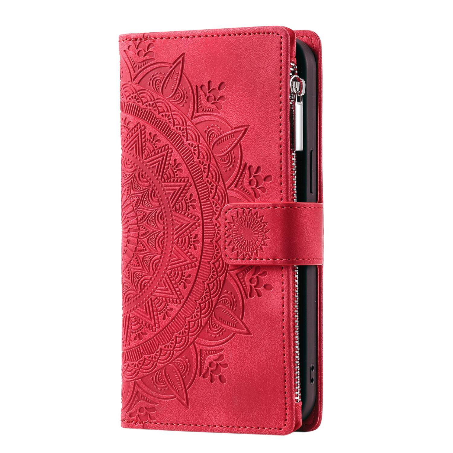 Alt View 1. Dteck - Wallet Case for Samsung Galaxy A17 5G Zipper Pocket Flowers PU Leather Flip Stand Cover With Crossbody+Wrist Strap - Red.