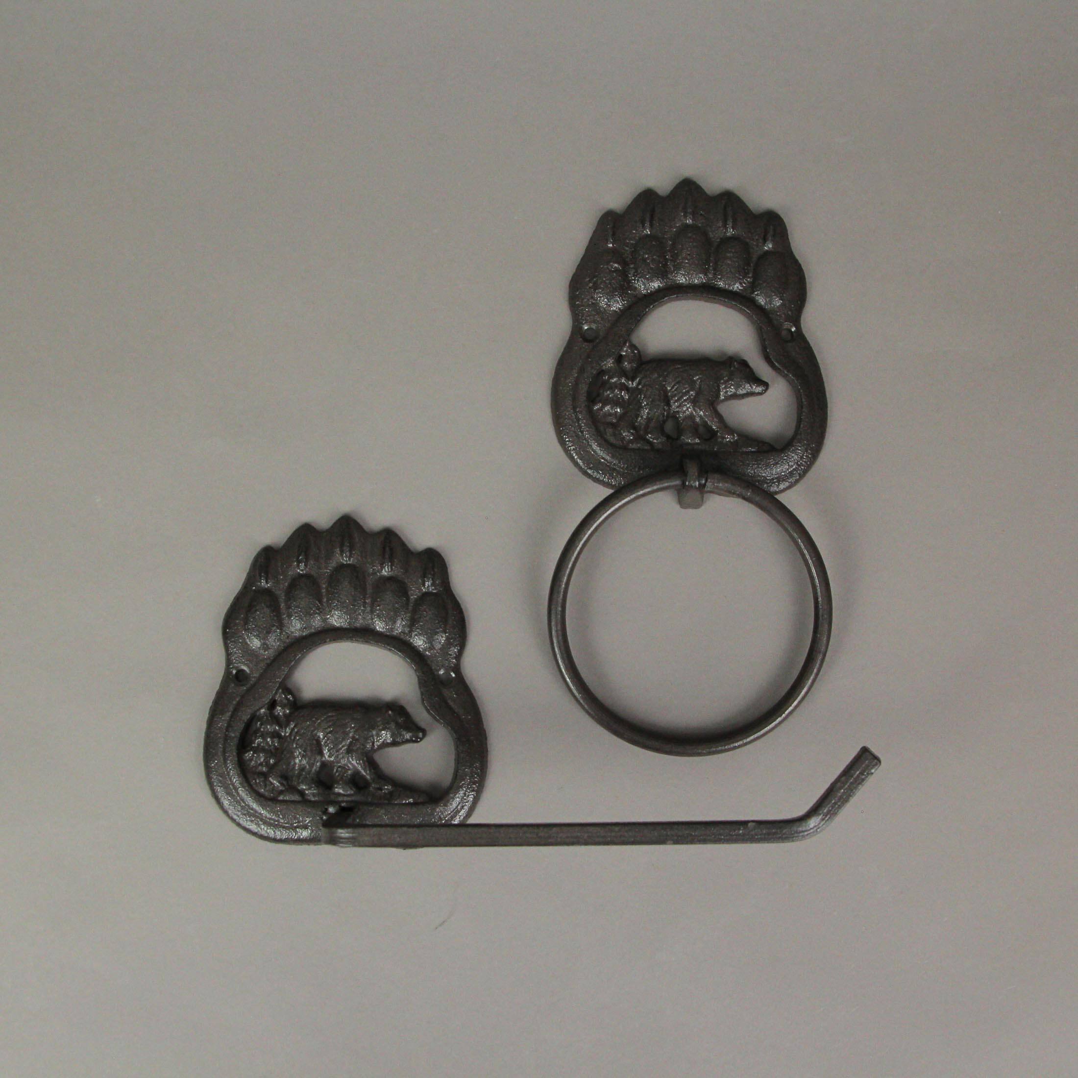 Alt View 3. Things2Die4 - Rustic Cast Iron Black Bear Paw Towel Ring and Holder Set - Black.