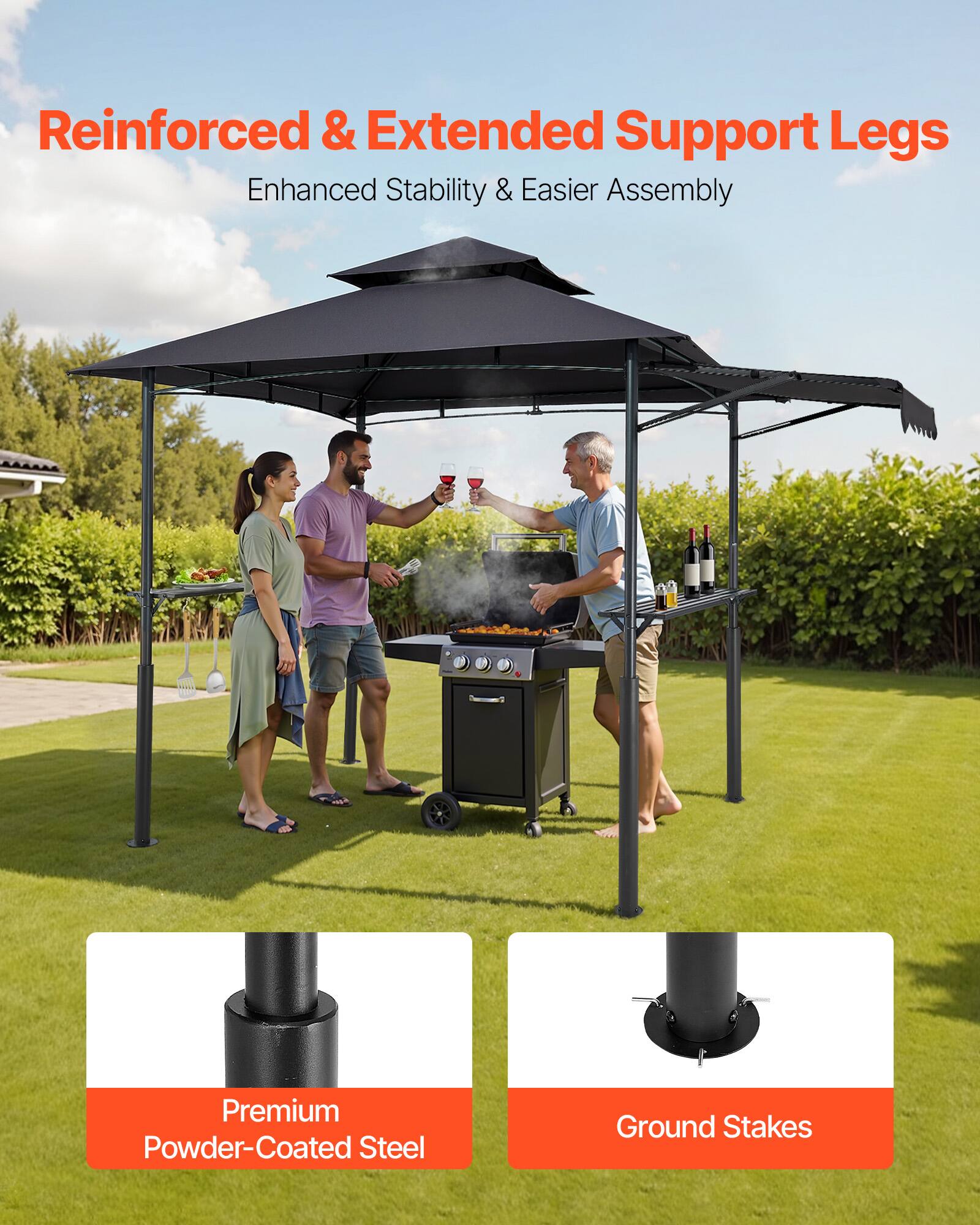 Reinforced & Extended Support Legs  
Enhanced Stability & Easier Assembly  

Premium Powder-Coated Steel  
Ground Stakes
