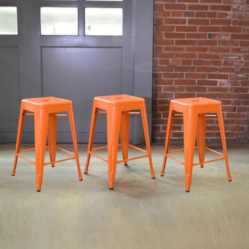 Back. AmeriHome - Loft 24 Inch Metal Bar Stool - 3 Piece - Orange.