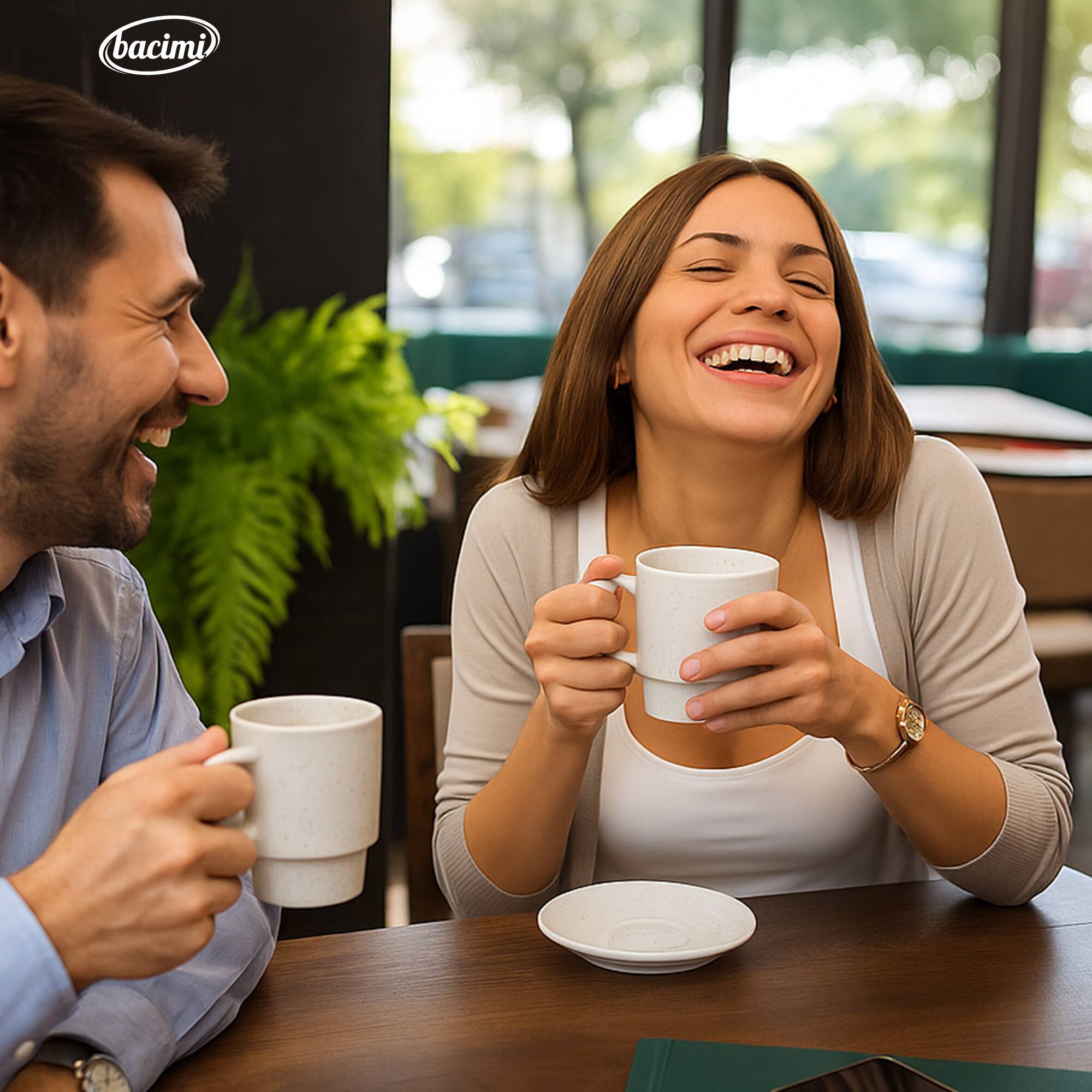 Alt View 1. Bacimi - Set of 4 Handmade Stackable Coffee Cup Mug Tower Set With Metal Wire Rack For Cappuccino, Latte, Tea, 13.5oz, 400ml - Eggshell White.