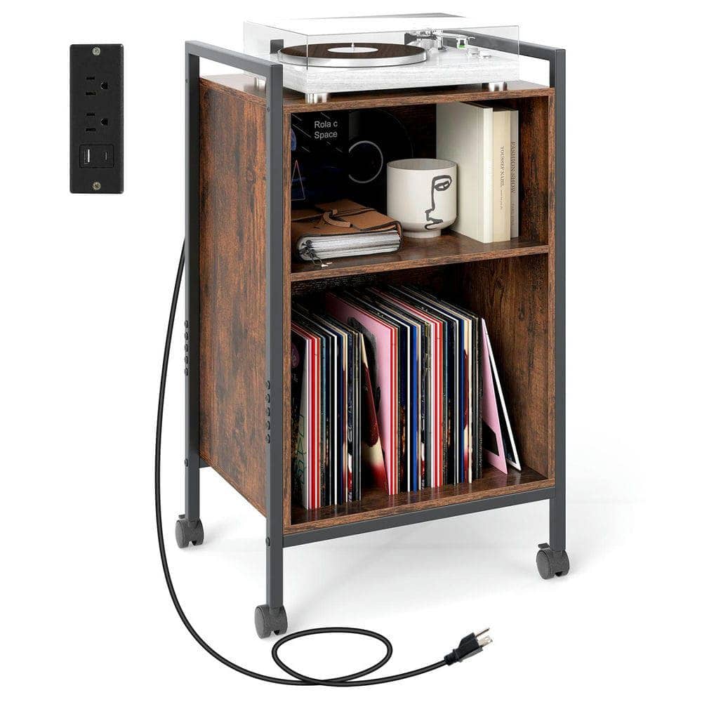 Kadyn - Rolling Record Player Stand with Integrated Power Outlet, Rustic - Brown