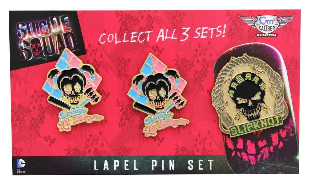 Sure, here is the corrected and grouped text from the image:

---

**Suicide Squad**

**Collect All 3 Sets!**

**Daddys Lil Monster**

**Slipknot**

**Lapel Pin Set**

**Qm* Caliber Metalworks**

**DC Comics**

---