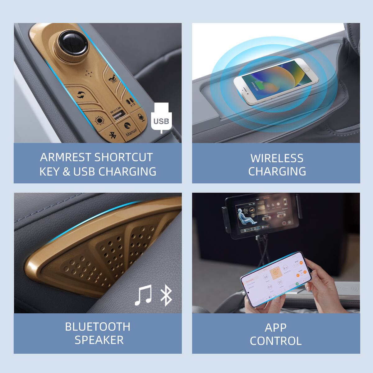 - ARMREST SHORTCUT KEY & USB CHARGING
- WIRELESS CHARGING
- BLUETOOTH SPEAKER
- APP CONTROL