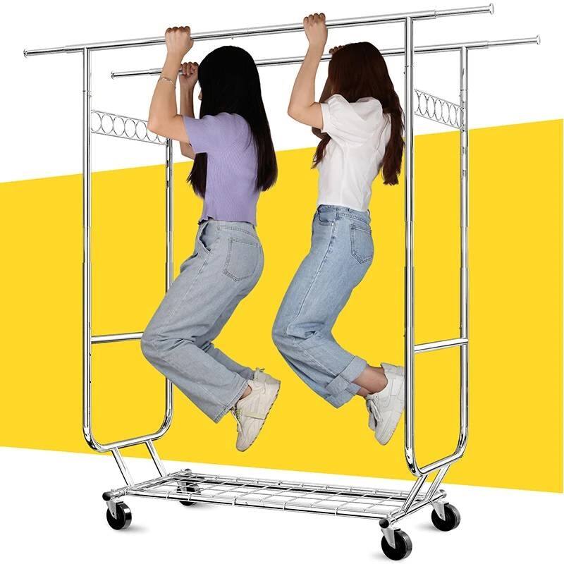 Left. Hivvago - Heavy Duty Double Bar Clothes Garment Rack on Wheels - 600 lbs Capacity - Silver.