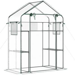 TinyHomie - Outdoor Walk-in Mini Greenhouse with Mesh Door and Windows Portable Garden Green House with 3 Tiers 6 Shelves Trellis