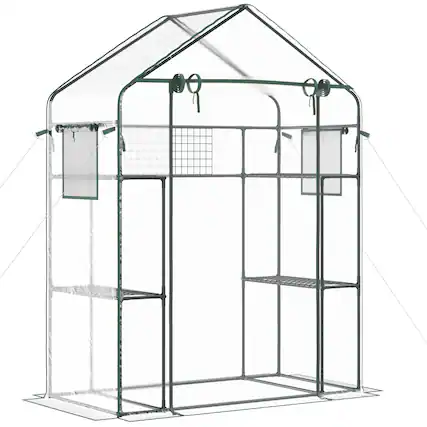 Front. TinyHomie - Outdoor Walk-in Mini Greenhouse with Mesh Door and Windows Portable Garden Green House with 3 Tiers 6 Shelves Trellis.