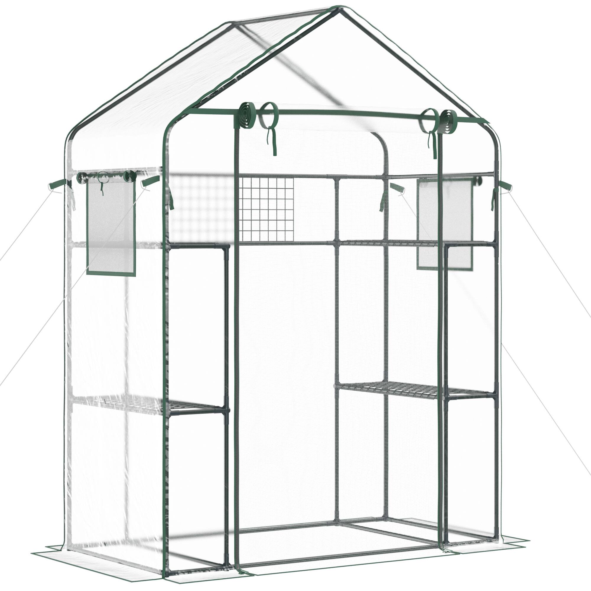 Front. TinyHomie - Outdoor Walk-in Mini Greenhouse with Mesh Door and Windows Portable Garden Green House with 3 Tiers 6 Shelves Trellis.