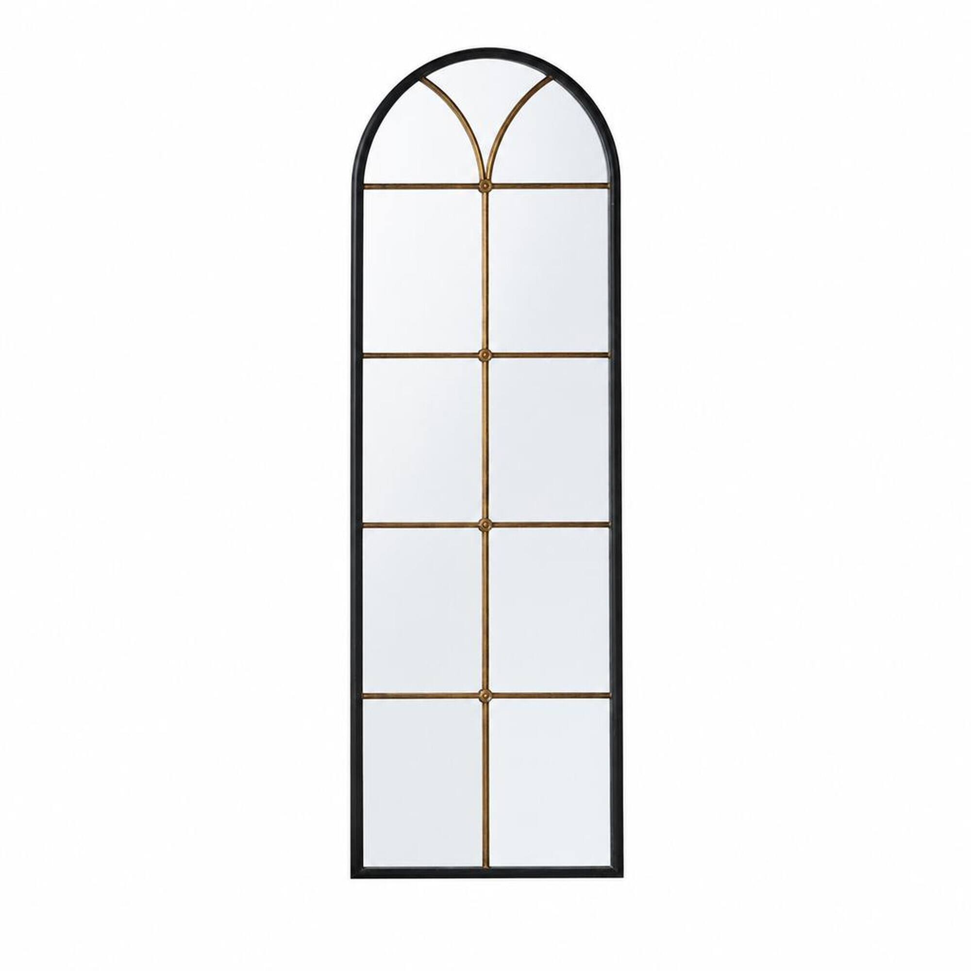 Front. RYHNUYNE - Arched Floor Mirror, 23.6 x 74.4 in, Black and Gold Windowpane Frame, Full Length Leaning Mirror for Bedroom - Black+Gold.