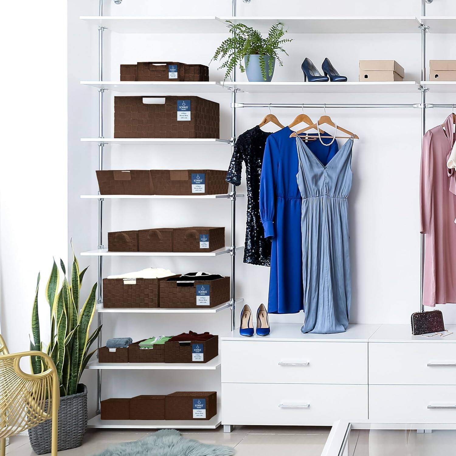 Alt View 2. Sorbus - Sorbus Set of 3 Large Woven Storage Baskets – Mesh Hand-Woven Baskets for Organizing, Fabric Storage Bins - Chocolate.