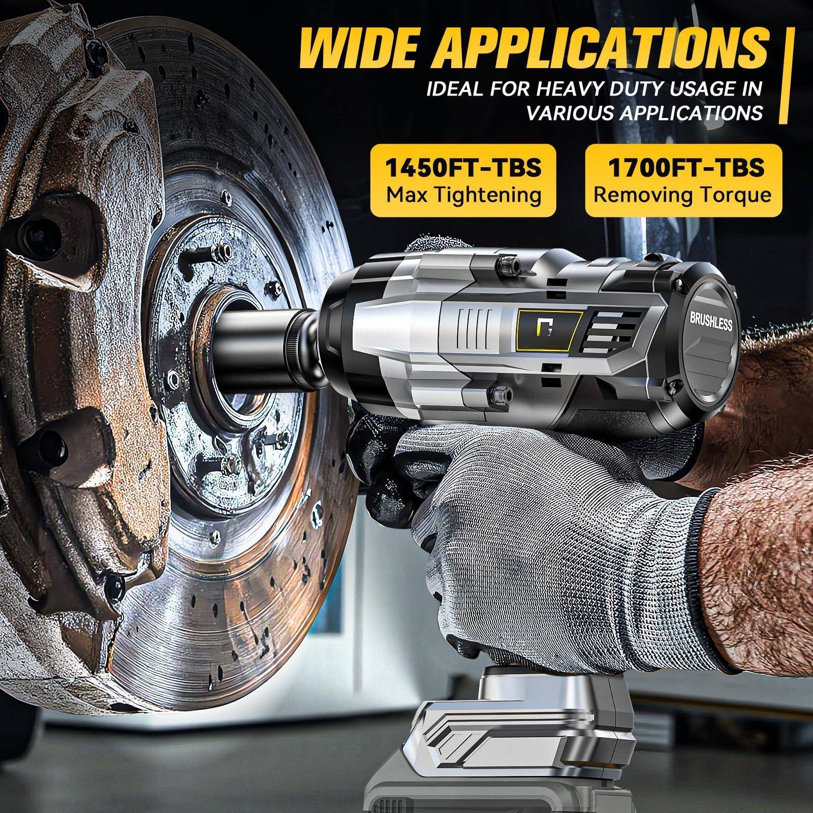 WIDE APPLICATIONS  
IDEAL FOR HEAVY DUTY USAGE IN VARIOUS APPLICATIONS  

1450FT-TBS  
Max Tightening  

1700FT-TBS  
Removing Torque  

BRUSHLESS