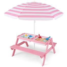 Costway - 3-in-1 Kids Picnic Table Wooden Outdoor Sand & Water Table with Umbrella Play Boxes - Pink+White