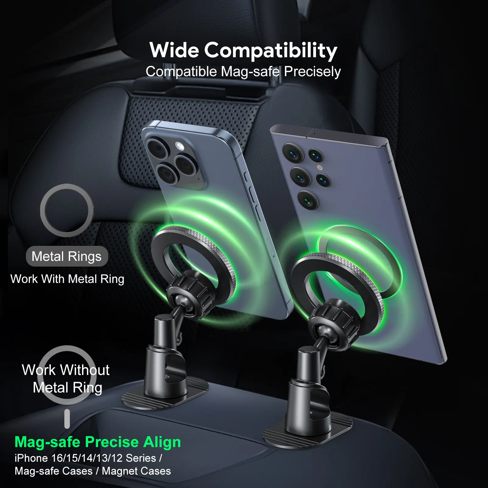 Wide Compatibility, Compatible Mag-safe Precisely, Metal Rings, Work With Metal Ring, Work Without Metal Ring, Mag-safe Precise Align, iPhone 16/15/14/13/12 Series / / Mag-safe Cases / Magnet Cases