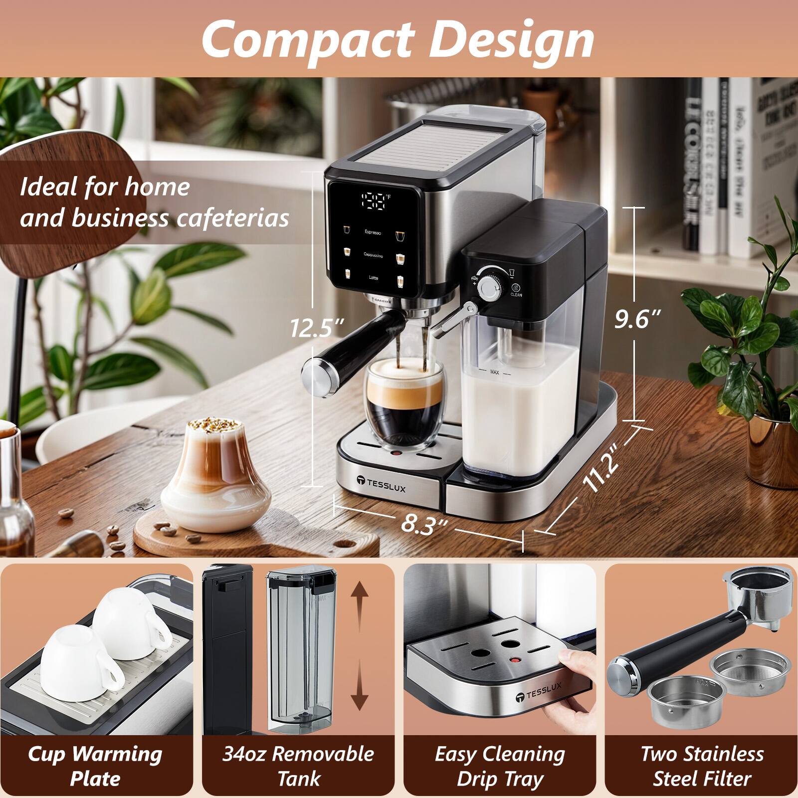Compact Design Ideal for home and business cafeterias - U LECOKELSER NX 12.5" 9.6" TESSLUX 8.3" 11.2" TESSLUX Cup Warming Plate 34oz Removable Tank Easy Cleaning Drip Tray Two Stainless Steel Filters