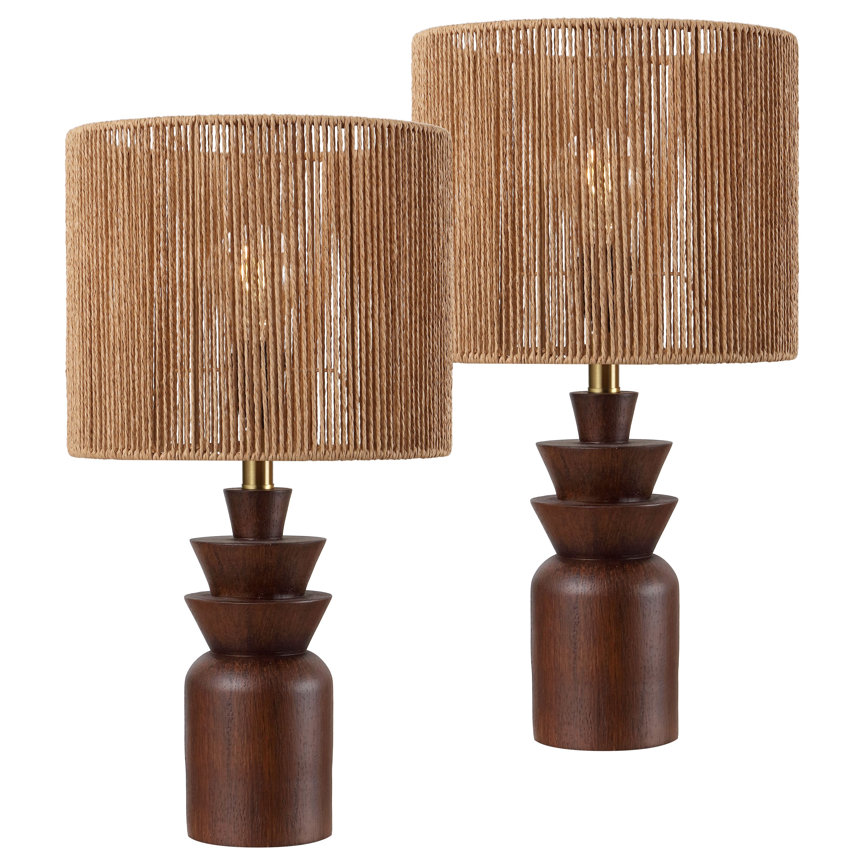 Jonathan Y - Anderson 22 in. Tiered Totem Resin with Paper Rope Drum Shade LED Table Lamp, (Set of 2) - Dark Brown Wood Finish