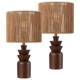 Jonathan Y - Anderson 22 in. Tiered Totem Resin with Paper Rope Drum Shade LED Table Lamp, (Set of 2) - Dark Brown Wood Finish
