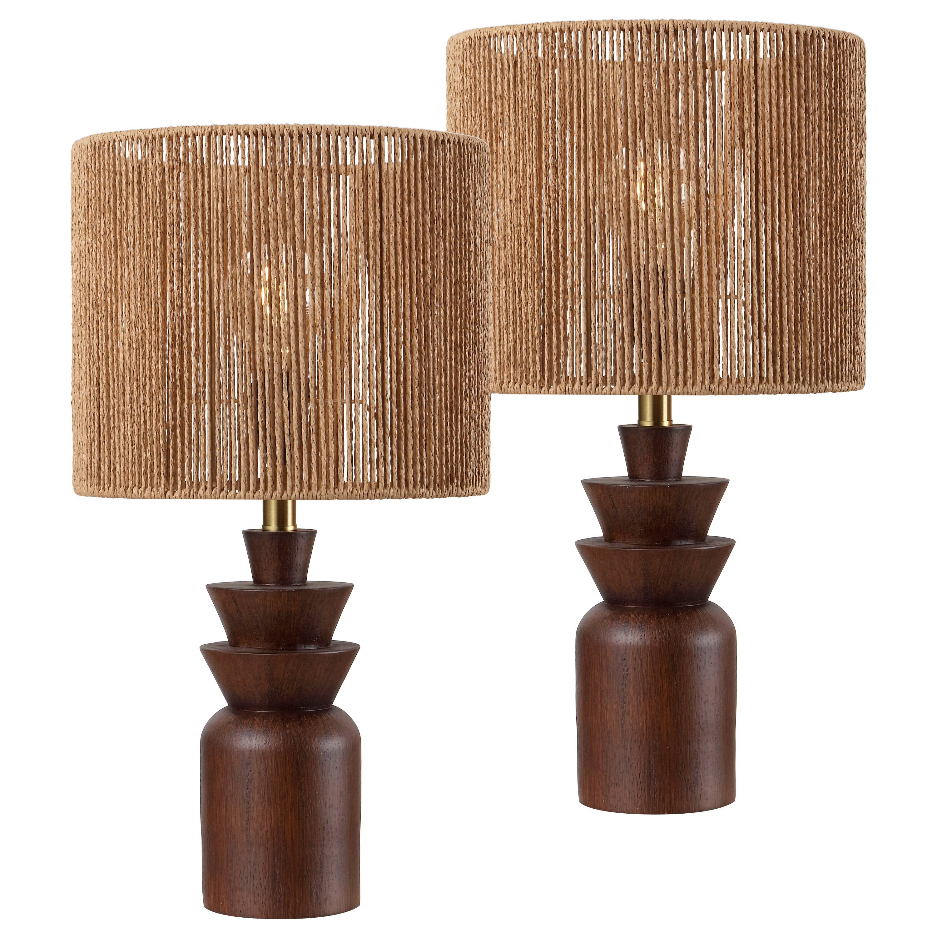 Front. Jonathan Y - Anderson 22 in. Tiered Totem Resin with Paper Rope Drum Shade LED Table Lamp, Dark Brown Wood Finish (Set of 2) - Dark Brown Wood Finish.