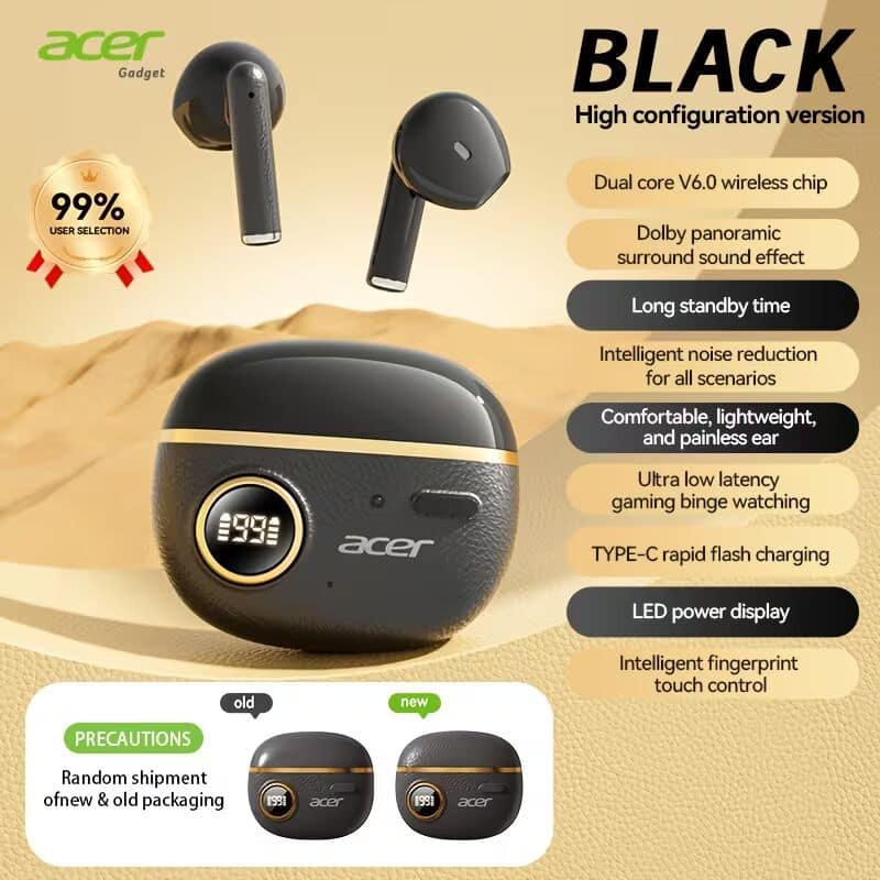 Acer - wireless earbuds: low latency, automatic connection, large-capacity battery, long battery life, Hi-Fi sound quality - Black