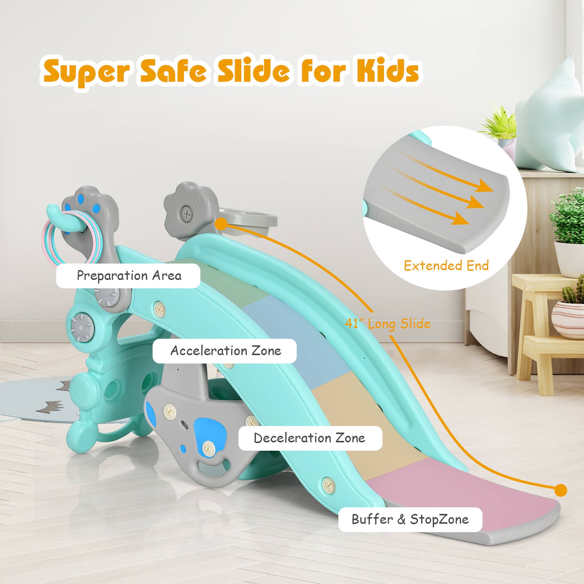 Super Safe Slide for Kids

- Preparation Area
- Acceleration Zone
- Deceleration Zone
- Buffer & Stop Zone
- 41" Long Slide
- Extended End