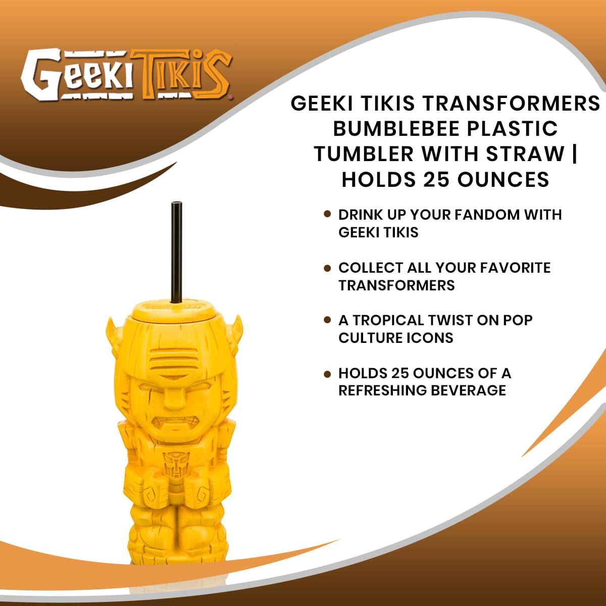 Geeki Tikis Transformers Bumblebee Plastic Tumbler with Straw | Holds 25 Ounces

- Drink up your fandom with Geeki Tikis
- Collect all your favorite Transformers
- A tropical twist on pop culture icons
- Holds 25 ounces of a refreshing beverage