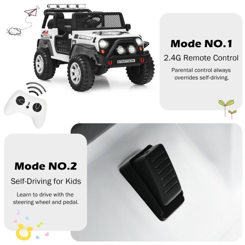 Mode NO.1 2.4G Remote Control Parental control always overrides self-driving. Mode NO.2 Self-Driving for Kids Learn to drive with the steering wheel and pedal.
