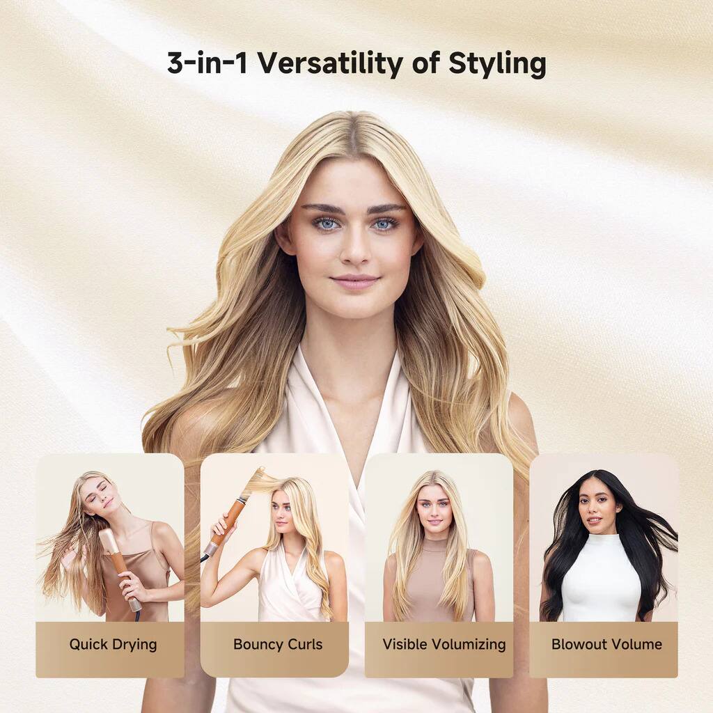 3-in-1 Versatility of Styling

- Quick Drying
- Bouncy Curls
- Visible Volumizing
- Blowout Volume