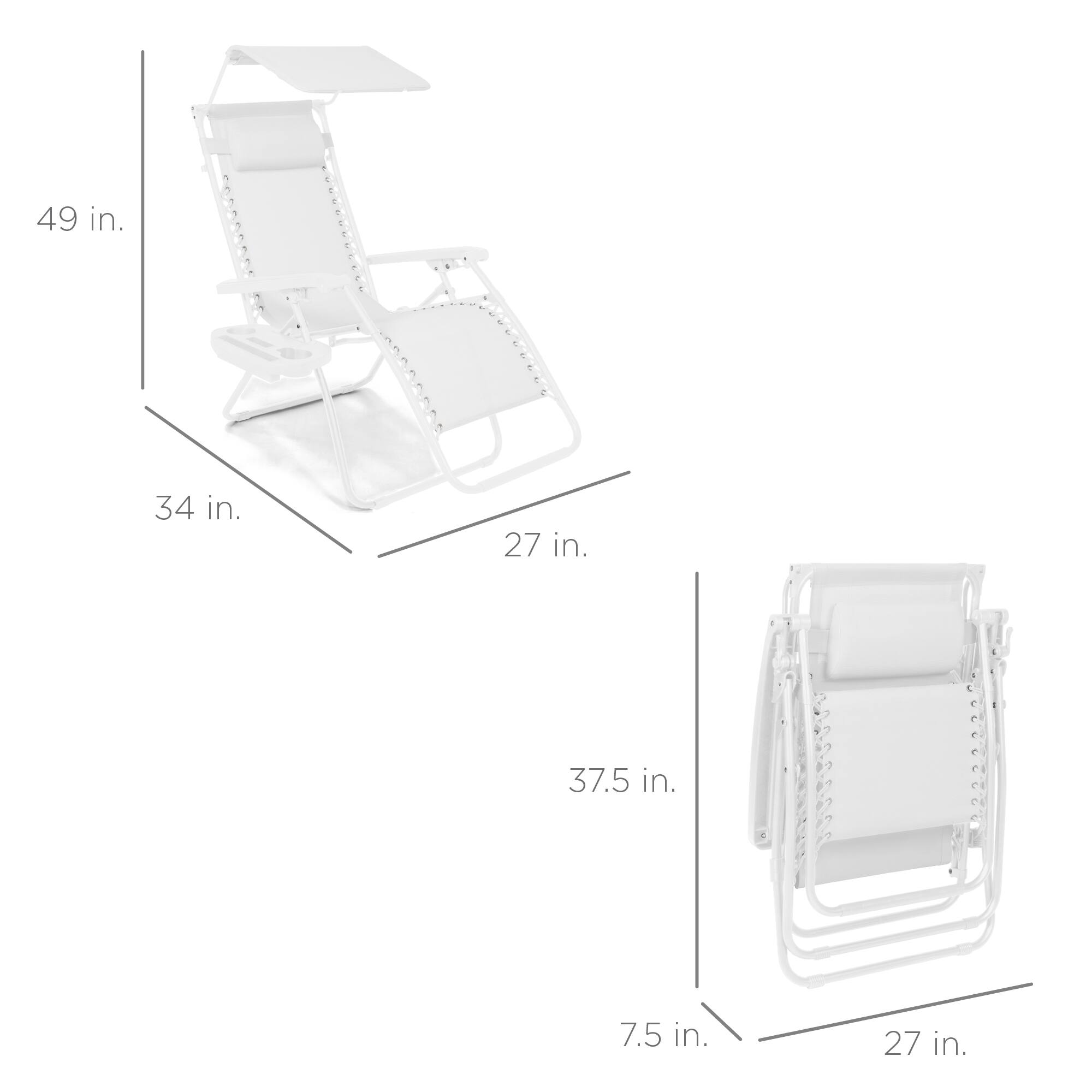 The dimensions of the chair are as follows:

- Height: 49 inches
- Width: 34 inches
- Depth: 27 inches
- Folded Height: 37.5 inches
- Folded Depth: 7.5 inches
- Folded Width: 27 inches