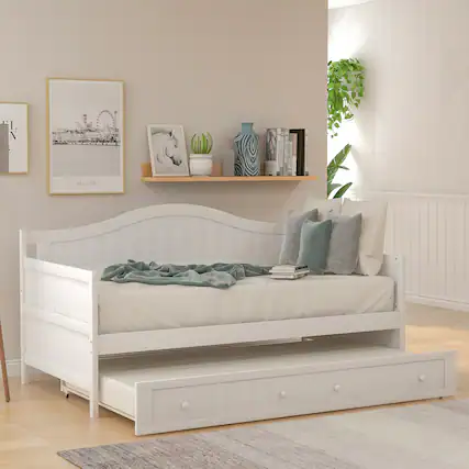 Front. Aukfa - Twin Wooden Daybed with Trundle Bed, Sofa Bed for Bedroom Living Room - White.