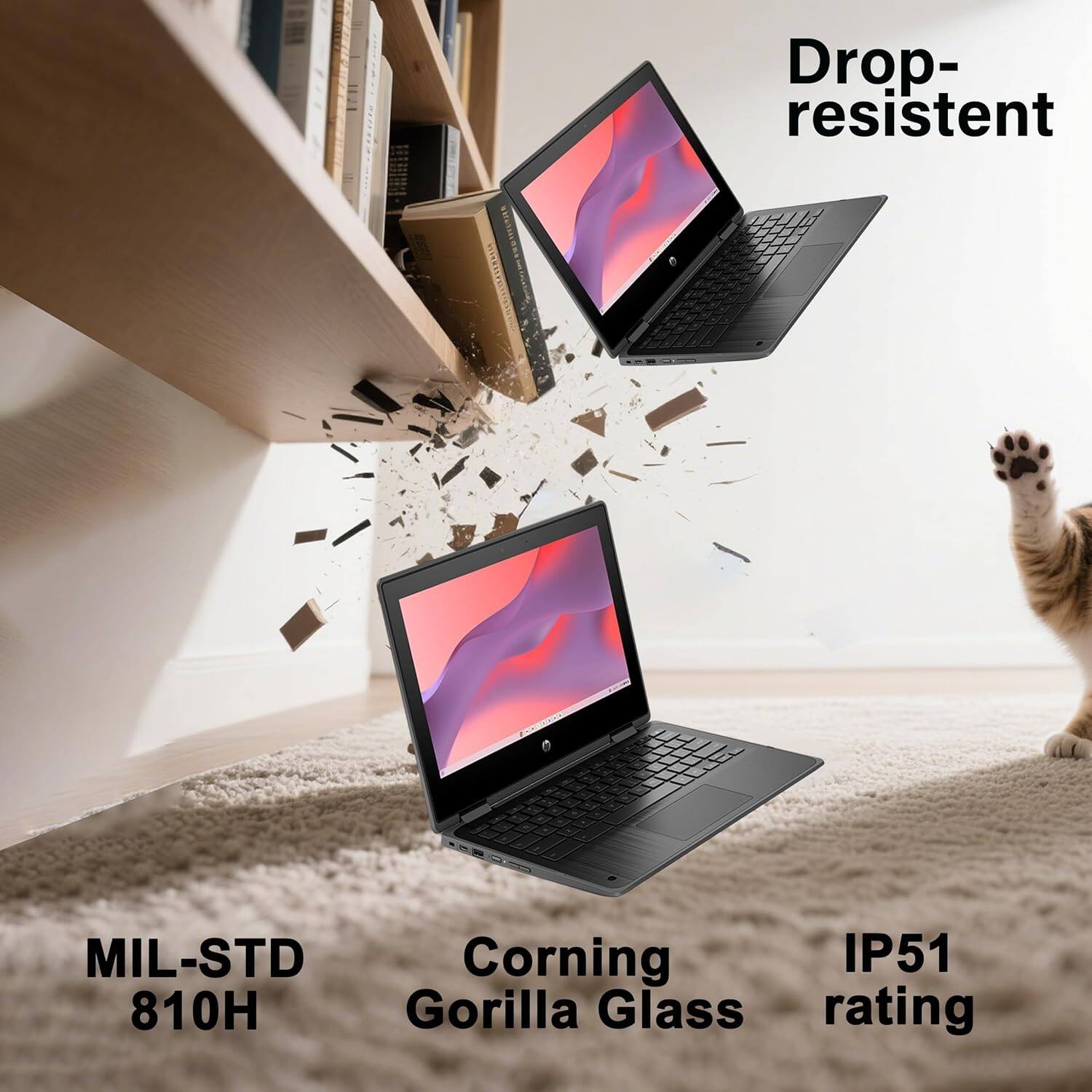 - Drop-resistant
- MIL-STD 810H
- Corning Gorilla Glass
- IP51 rating