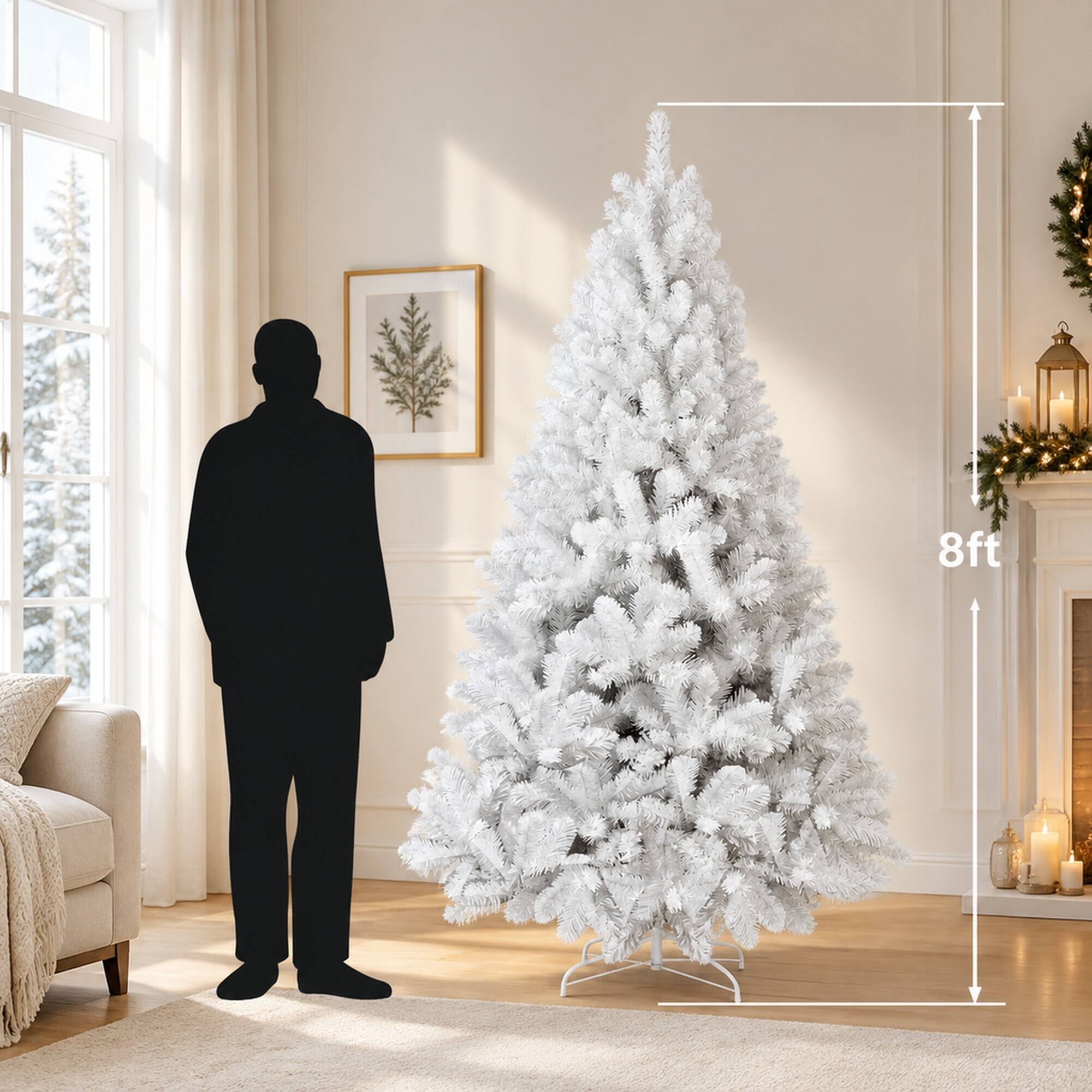 Alt View 3. RYHNUYNE - 8 Ft White Artificial Christmas Tree With Memory Wire 1430 Tips, Hinged PVC Branches Easy Assembly Indoor Decor - White.