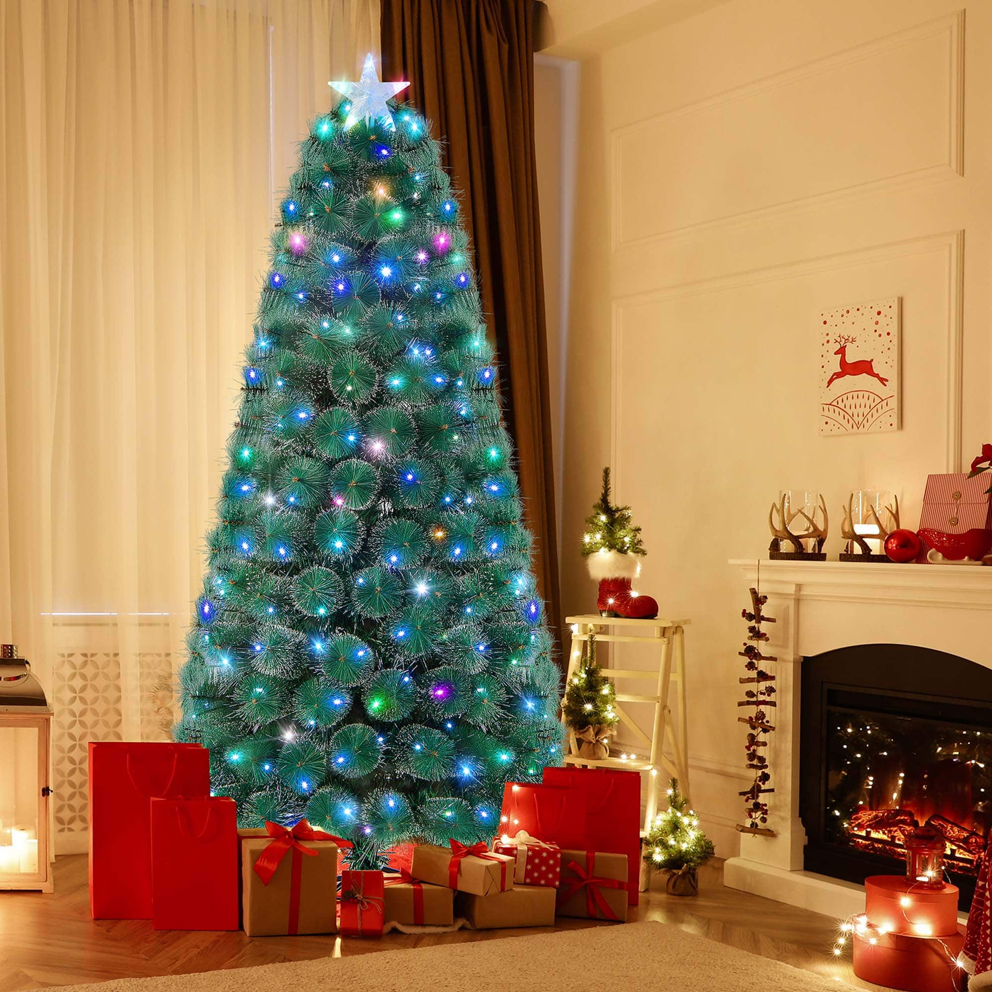 Costway - 7 FT Pre-Lit Fiber Optic Christmas Tree Xmas Decor with 226 Multi-Color LED Lights - Green