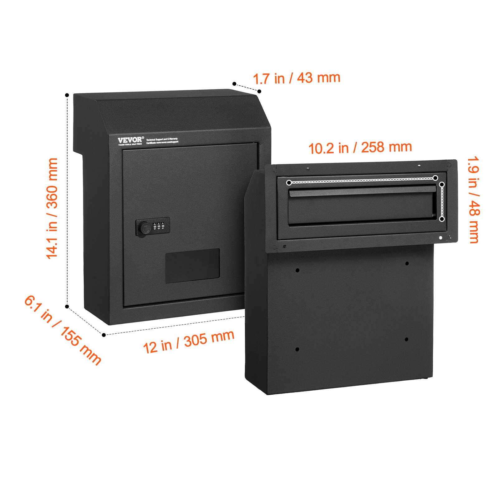 1.7 in / 43 mm  
10.2 in / 258 mm  
1.9 in / 48 mm  
6.1 in / 155 mm  
12 in / 305 mm  
14.1 in / 360 mm