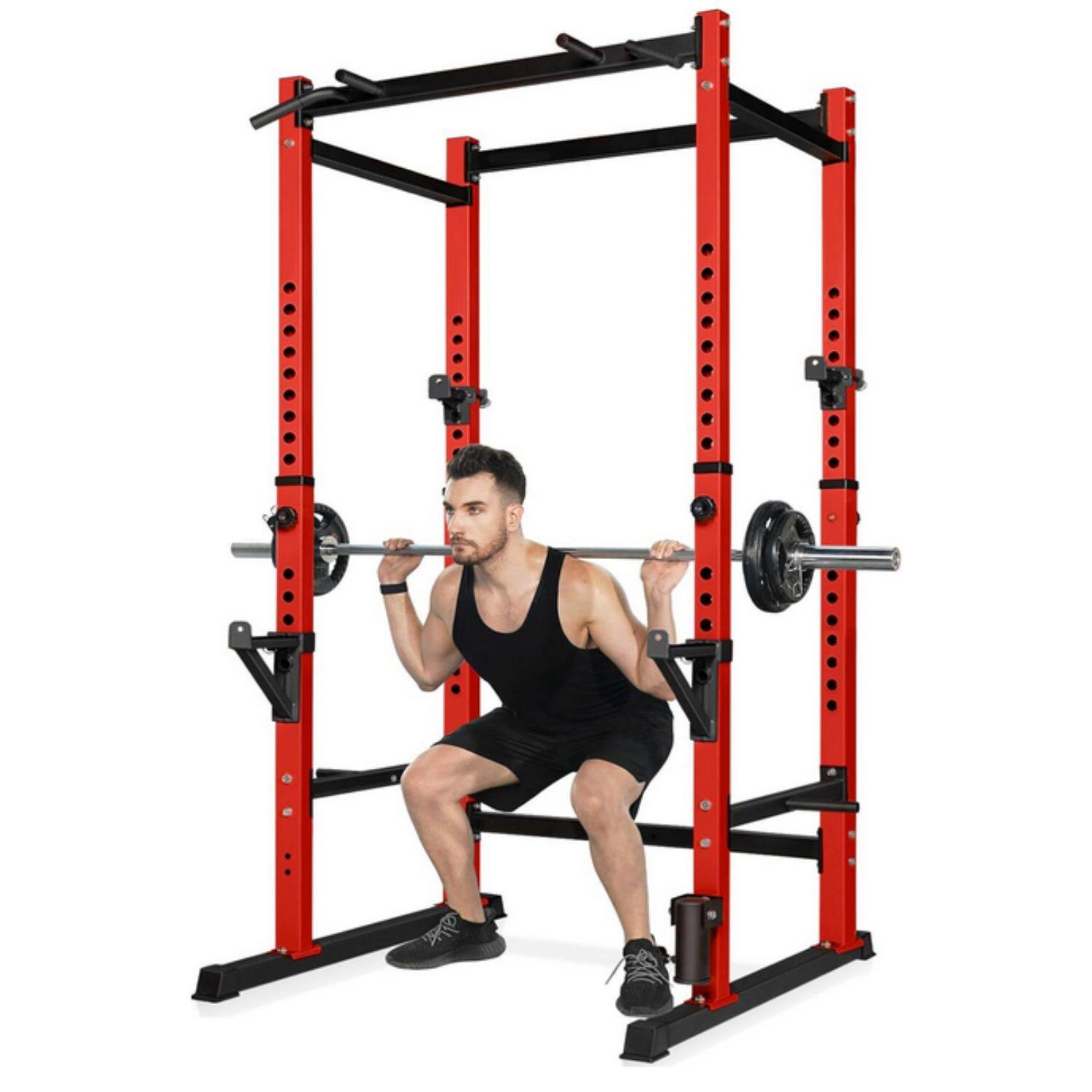 KERDOM - Squat Rack Pull Up Bar, Power Rack Cage, Adjustable Weight Lifting Stand for Home Gym, Squat Cage, 660lbs Capacity - Red