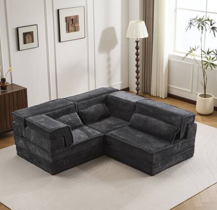 Front. Whisen - 3-Seater Modular Mahjong Sofa Bed, Circle Fleece Fabric Convertible Floor Sectional, No Assembly Required - Dark Gray.
