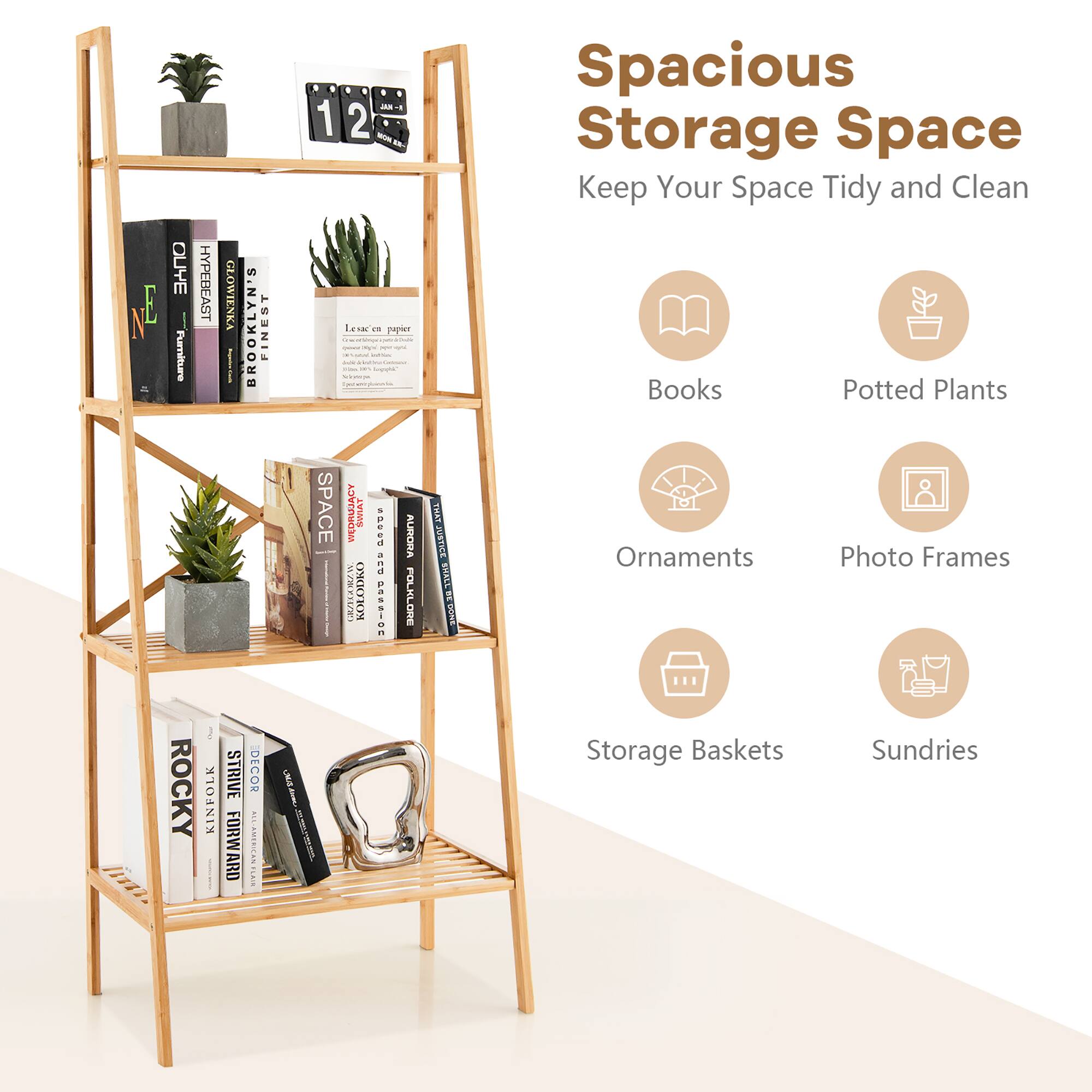 Alt View 3. Gymax - Gymax 2PCS 4-Tier Bamboo Ladder Bookshelf 58'' Display Shelf Storage Rack Plant Stand - Natural.