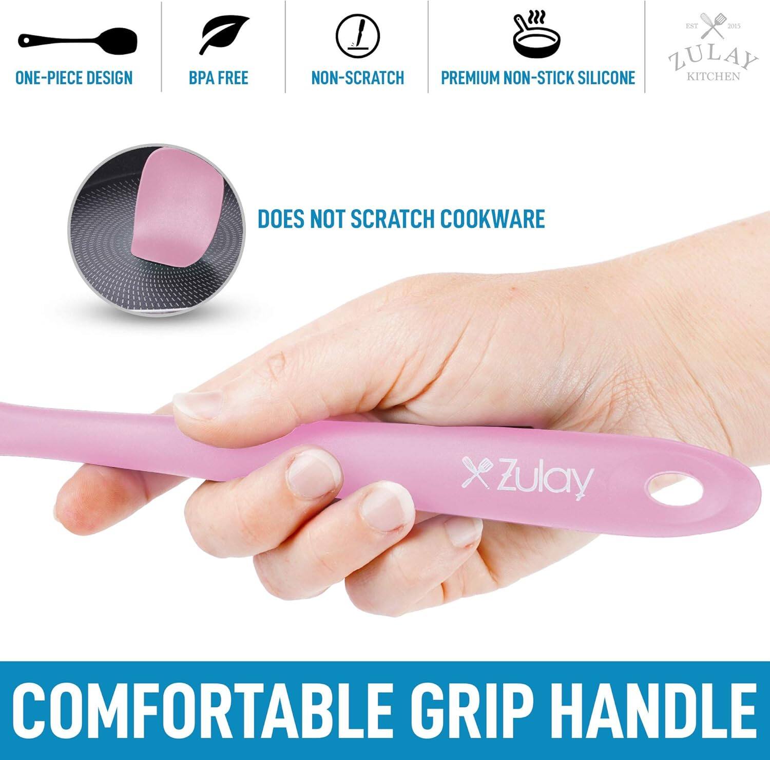 - ONE-PIECE DESIGN
- BPA FREE
- NON-SCRATCH
- PREMIUM NON-STICK SILICONE
- DOES NOT SCRATCH COOKWARE
- COMFORTABLE GRIP HANDLE
- ZULAY KITCHEN
- EST 2015