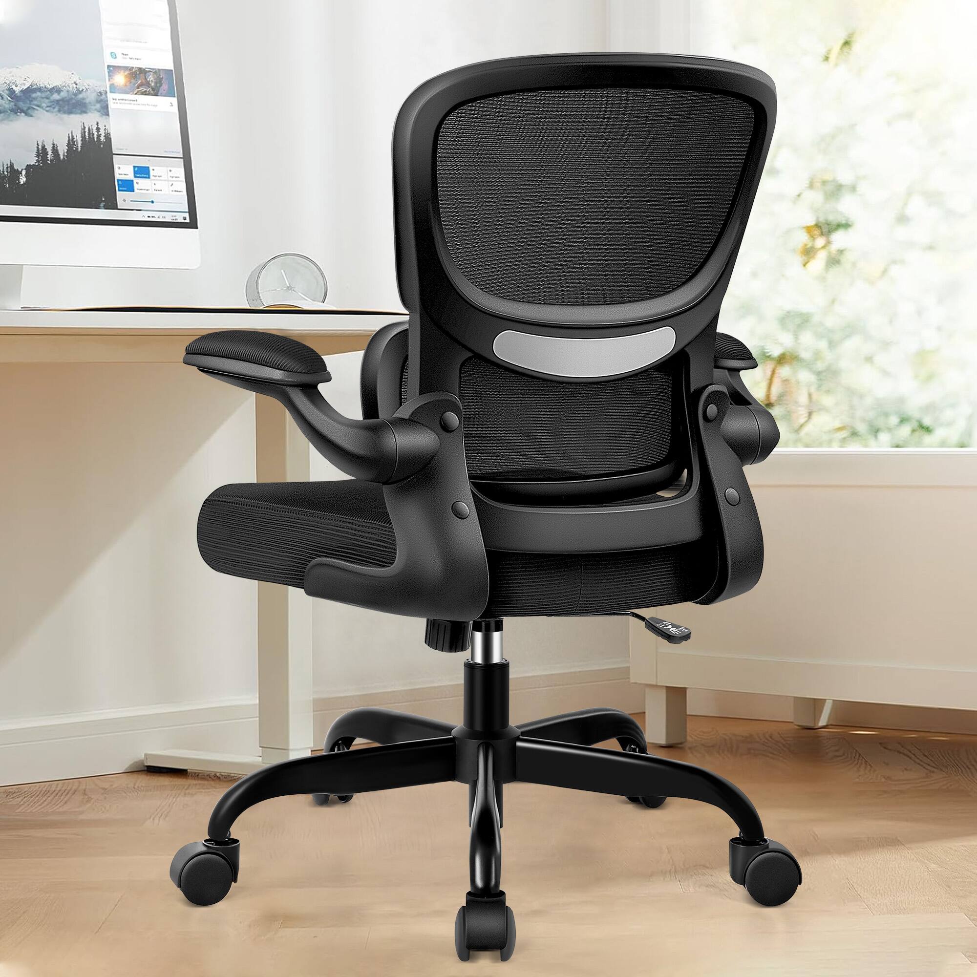 Front. Brick Attic - Ergonomic Office Chair with Lumbar Support and Adjustable Armrests, Breathable Mesh Mid Back Computer Task Desk Chair - Black.