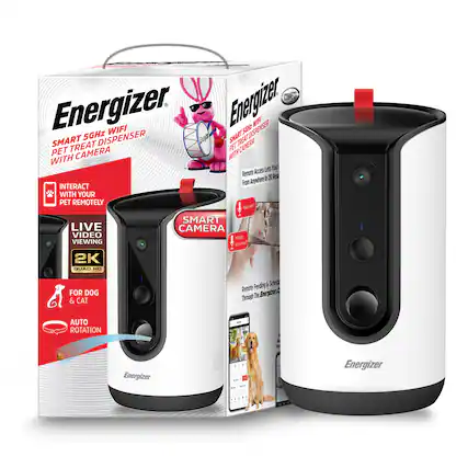 Energizer Smart 5GHz WiFi Pet Treat Dispenser with Camera
- Interact with your pet remotely
- Live video viewing 2K Quad HD
- Smart camera
- For dog & cat
- Auto rotation
- Remote access lets you interact with your pet remotely from anywhere in 2K resolution
- Remote feeding & schedule through the Energizer app