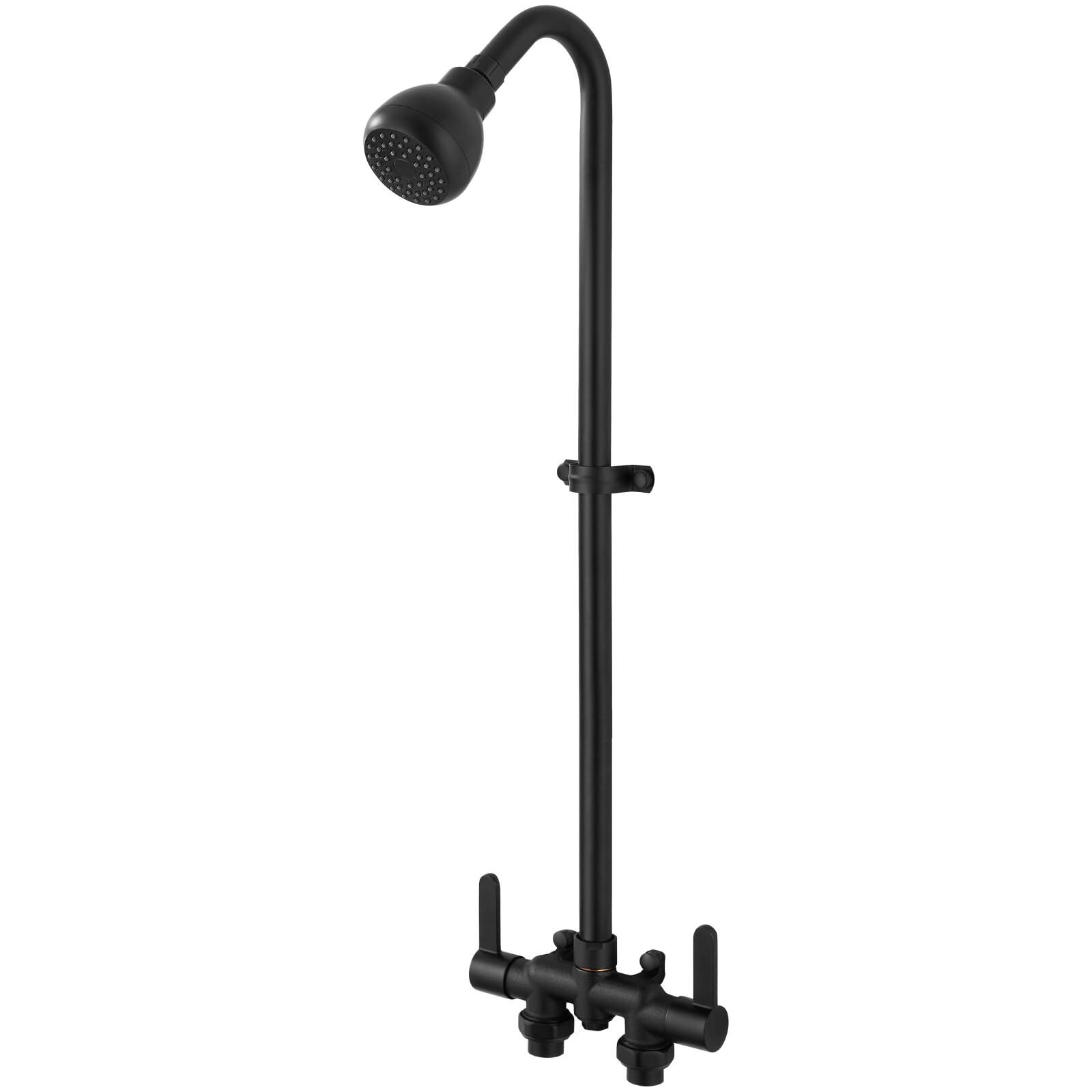 Front. Dazzed Corner - Wall Mount Outdoor Shower Fixture Kit, 2-Handle Brass Valve with Rotatable Showerhead - Matte Black.
