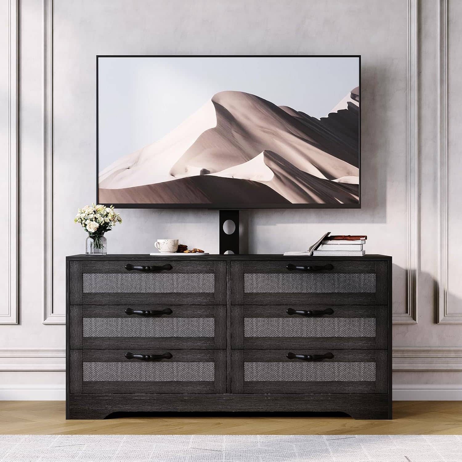 Babevy - TV Stand with Mount, 47.2" Modern Entertainment Center 6-Drawer Rattan Dresser for Living Room - Black