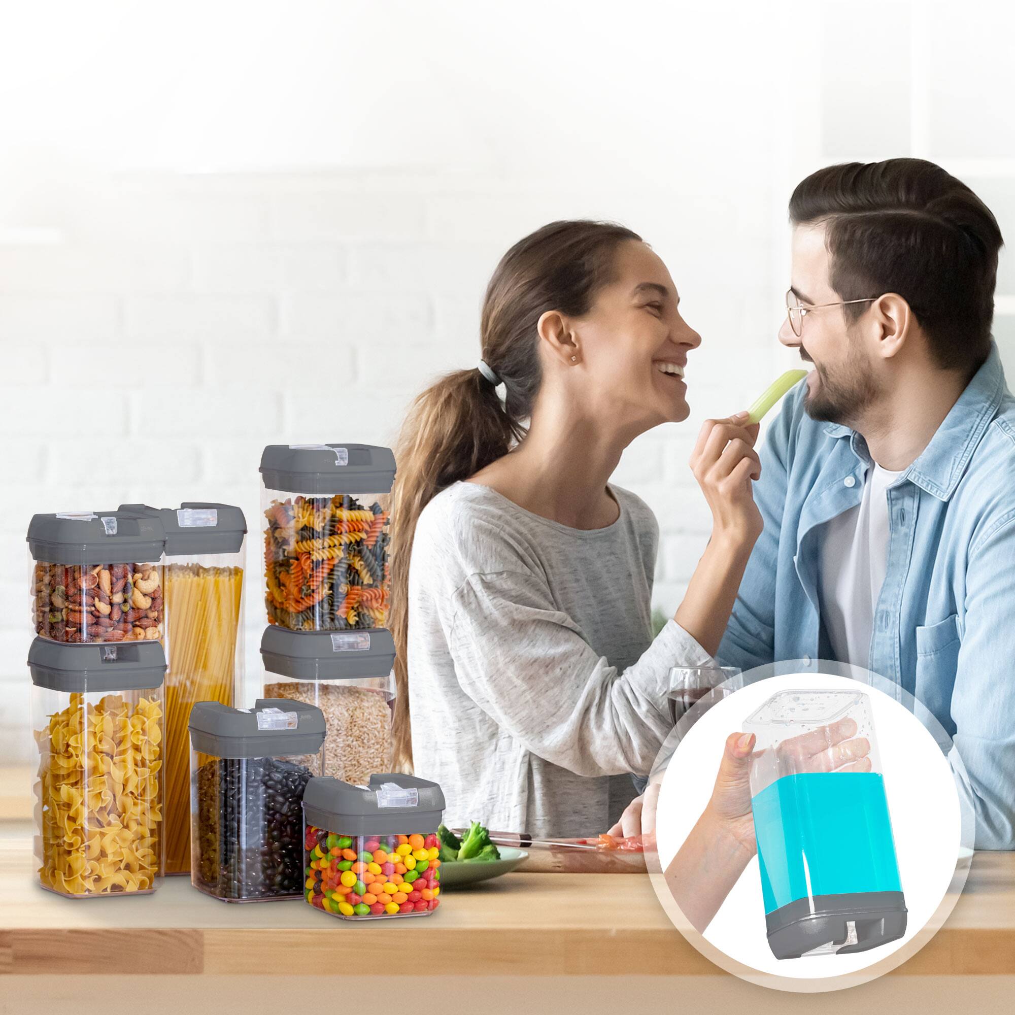 Angle. Cheer Collection - 7-Piece Airtight Pantry Food Storage Container Set with Mixed Sizes, Flip-Top Lids & Reusable Labels - Grey.