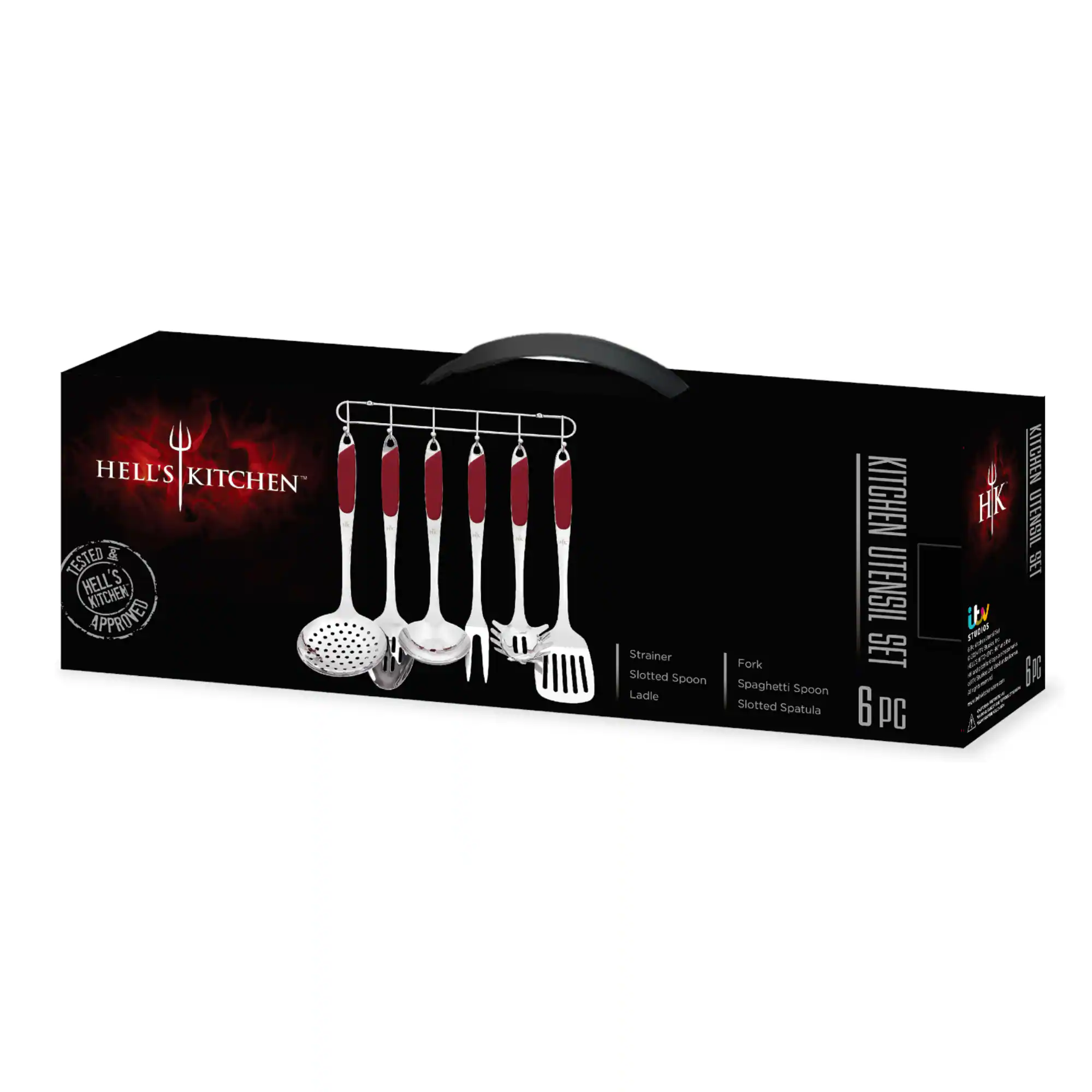 HELL'S KITCHEN TESTED & APPROVED  
HELL'S KITCHEN APPLIANCE  
KITCHEN UTENSIL SET 6 PC  
Strainer  
Slotted Spoon  
Fork  
Ladle  
Spaghetti Spoon  
Slotted Spatula