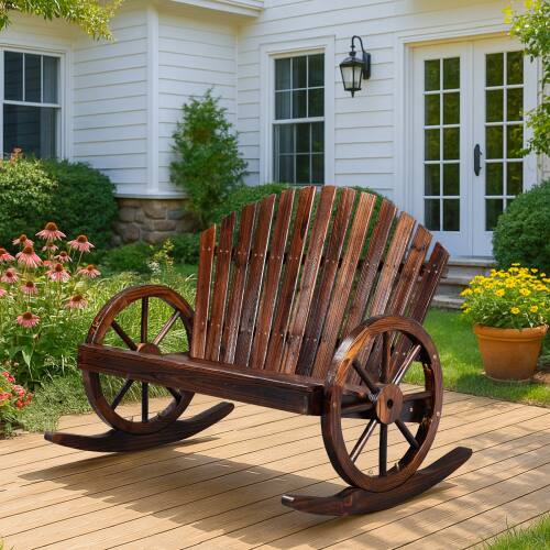 Alt View 9. Winado - 36inch Wooden Wagon Adirondack Rocking Chair Rustic with High Back, Slatted Seat, Wheel Armrest for Indoor Outdoor Porch - Carbonized.