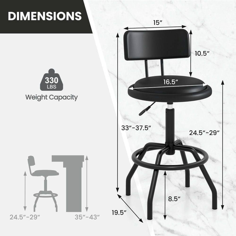 DIMENSIONS  
15" x 10.5" x 16.5"  
Weight Capacity: 330 LBS  
Seat Height: 24.5"-29"  
Overall Height: 33"-37.5"  
Seat Depth: 24.5"-29"  
Seat Width: 15"  
Base Diameter: 24.5"-29"  
Overall Width: 35"-43"  
Overall Depth: 19.5"  
Base Height: 8.5"