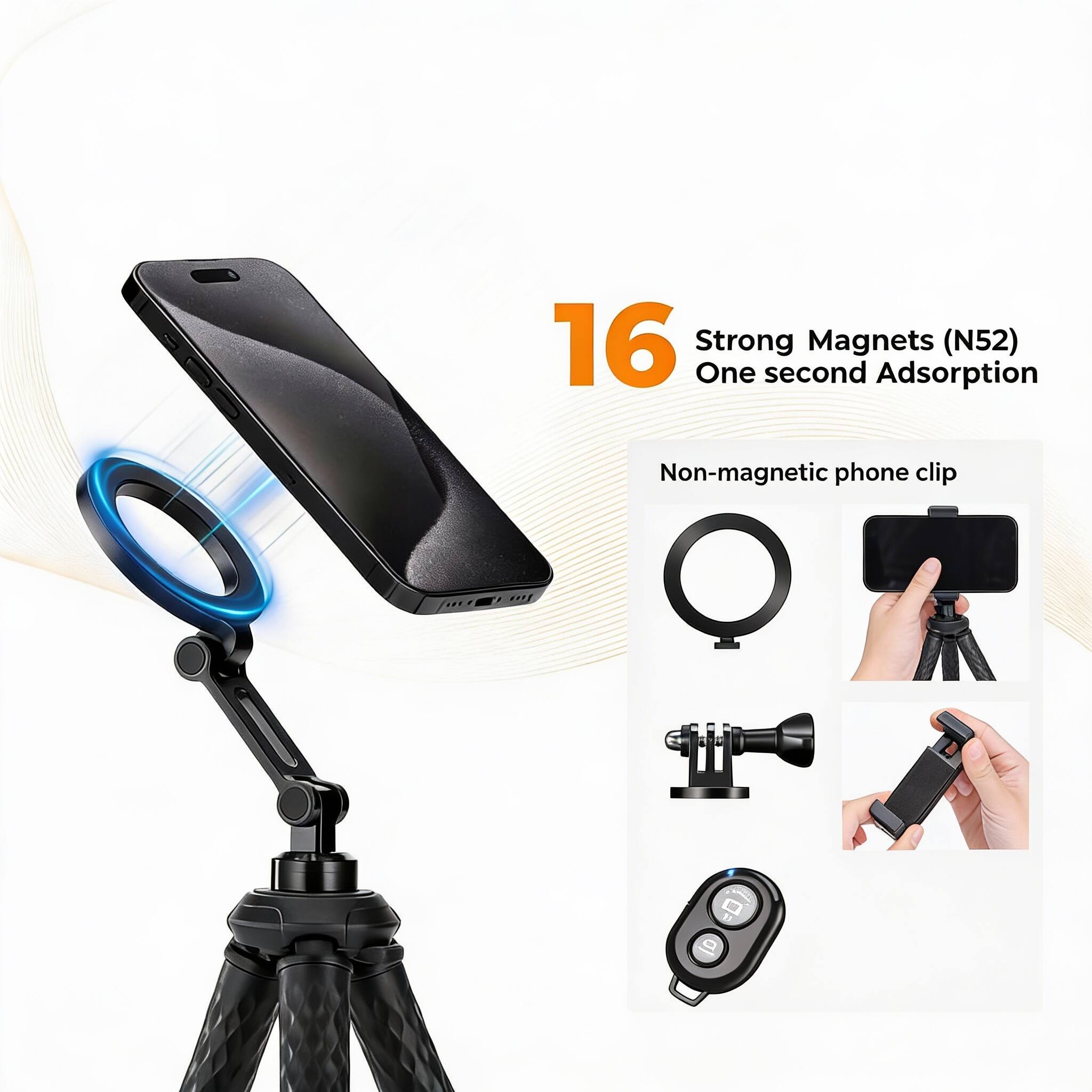 16 Strong Magnets (N52)  
One second Adsorption  
Non-magnetic phone clip