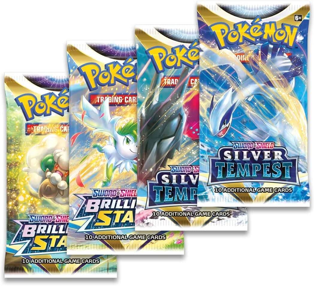 6+ Pokémon Trading Card Game  
Sword & Shield  
Brilliant Stars  
10 Additional Game Cards  

Sword & Shield  
Silver Tempest  
10 Additional Game Cards
