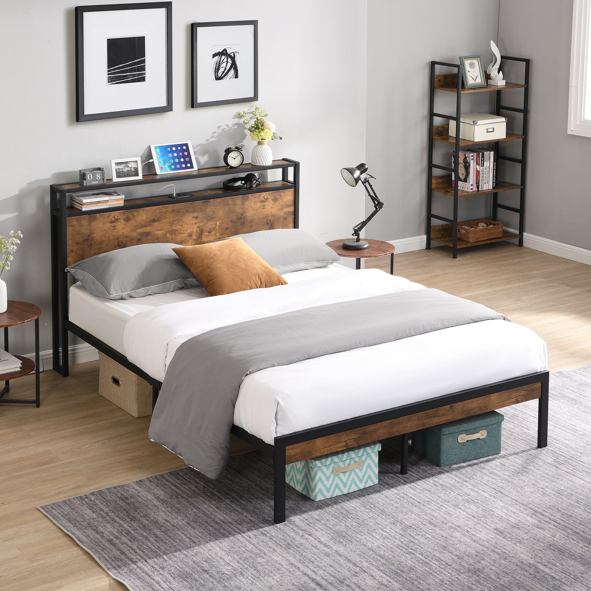 Trinkets Crazed - Full Size Metal Platform Bed Frame with Wooden Headboard and Footboard with USB Liner, No Box Spring Needed - Black