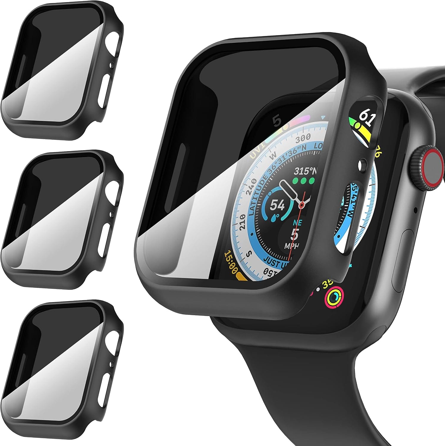 Core Tech - 3-Pack Privacy Tempered Glass Protective Case for Apple Watch 45mm - ++ - Black