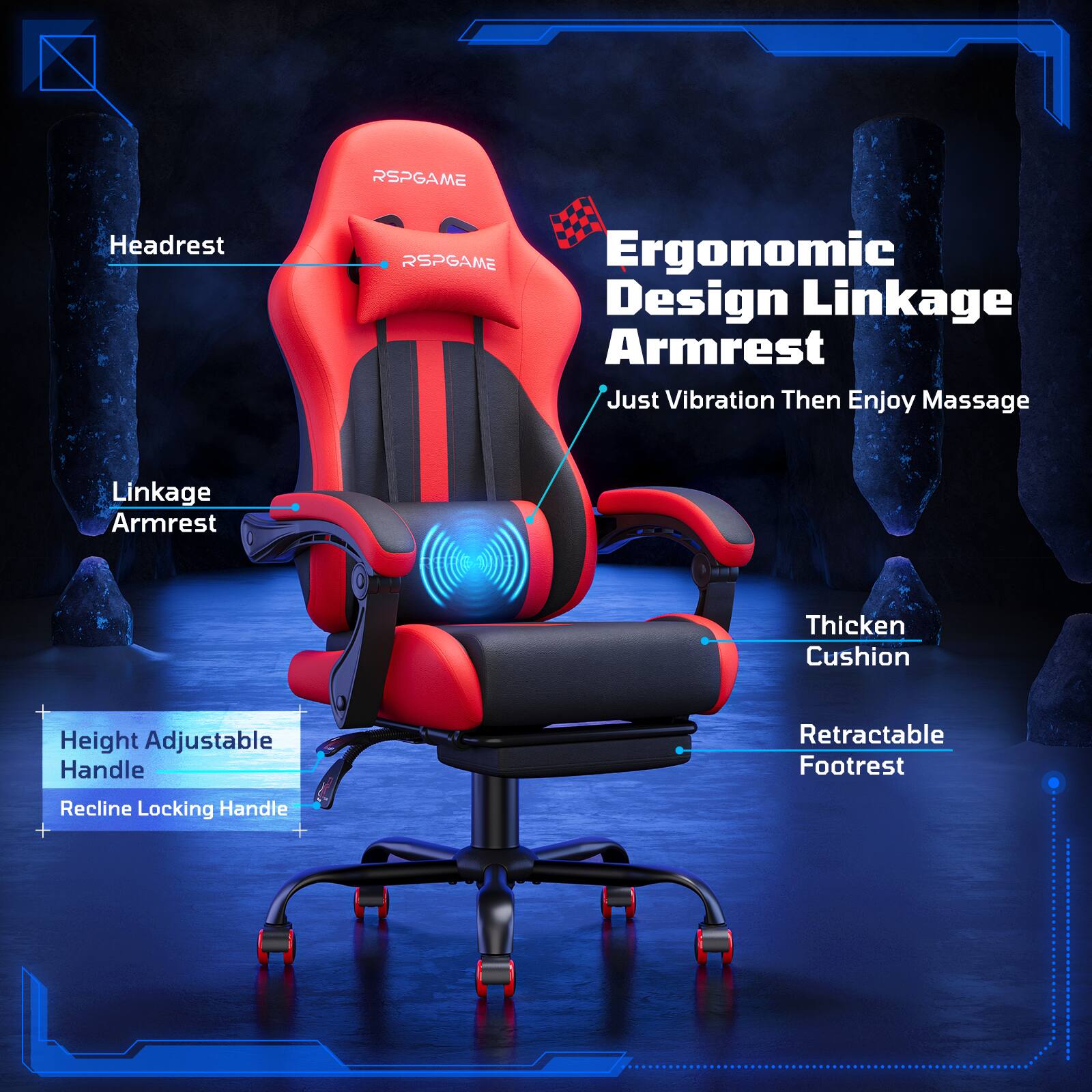  ONYX 5.0 レッド サイズS RSPGAME Gaming Chair with Vibrating Lumbar Support, Ergonomic High