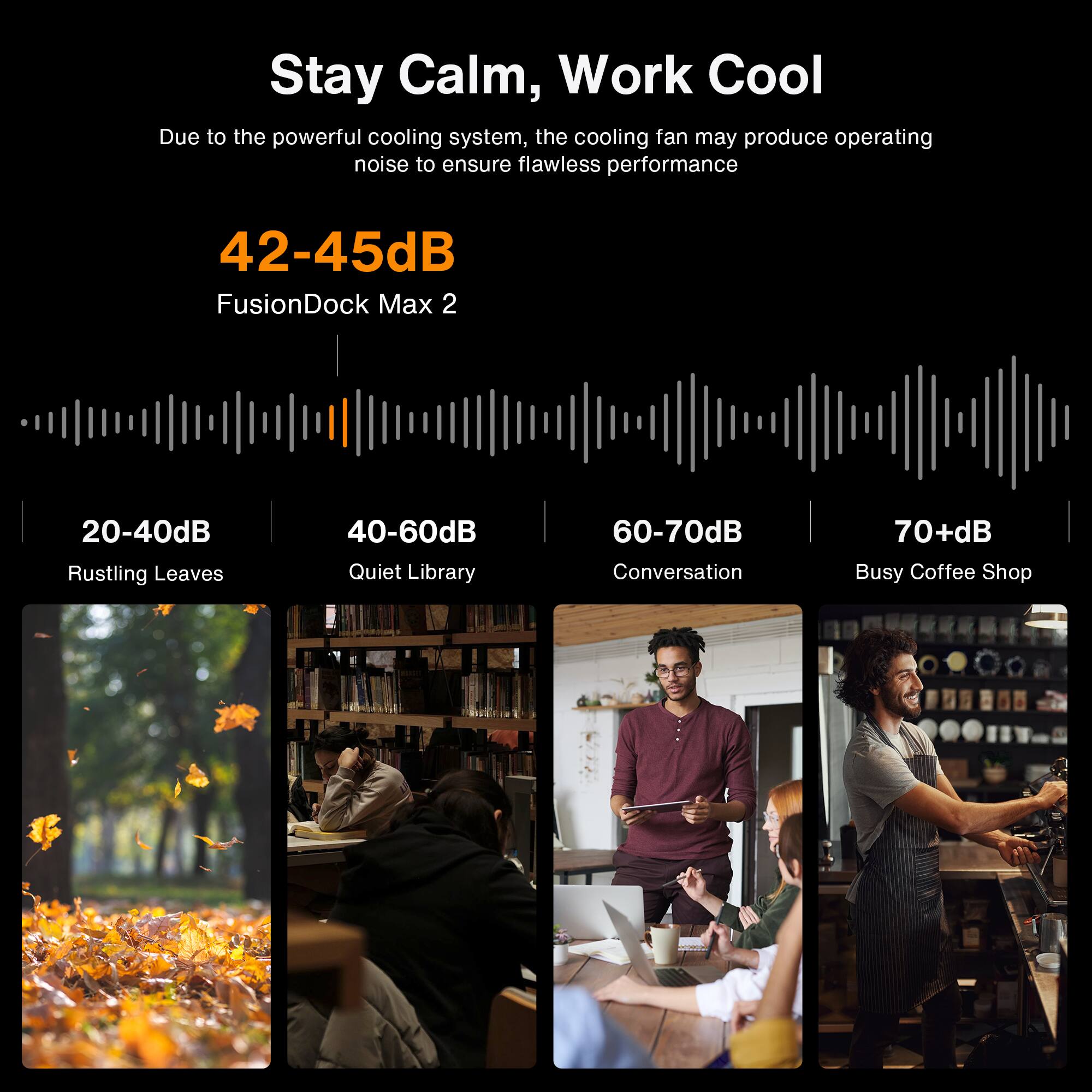 Stay Calm, Work Cool

Due to the powerful cooling system, the cooling fan may produce operating noise to ensure flawless performance

42-45dB  
FusionDock Max 2

20-40dB  
Rustling Leaves

40-60dB  
Quiet Library

60-70dB  
Conversation

70+dB  
Busy Coffee Shop